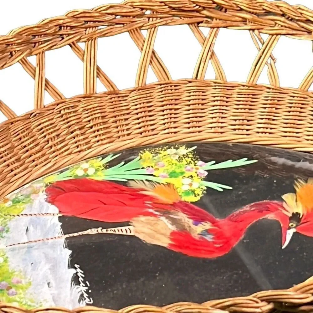 Vintage Mexico Bird Feather Folk Art Painted Wicker Basket Wall Decor 12